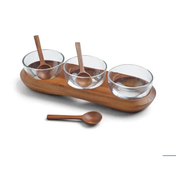 Nambe Cooper Wood Glass Triple Condiment Server New But Missing 1 Spoon - Picture 1 of 9